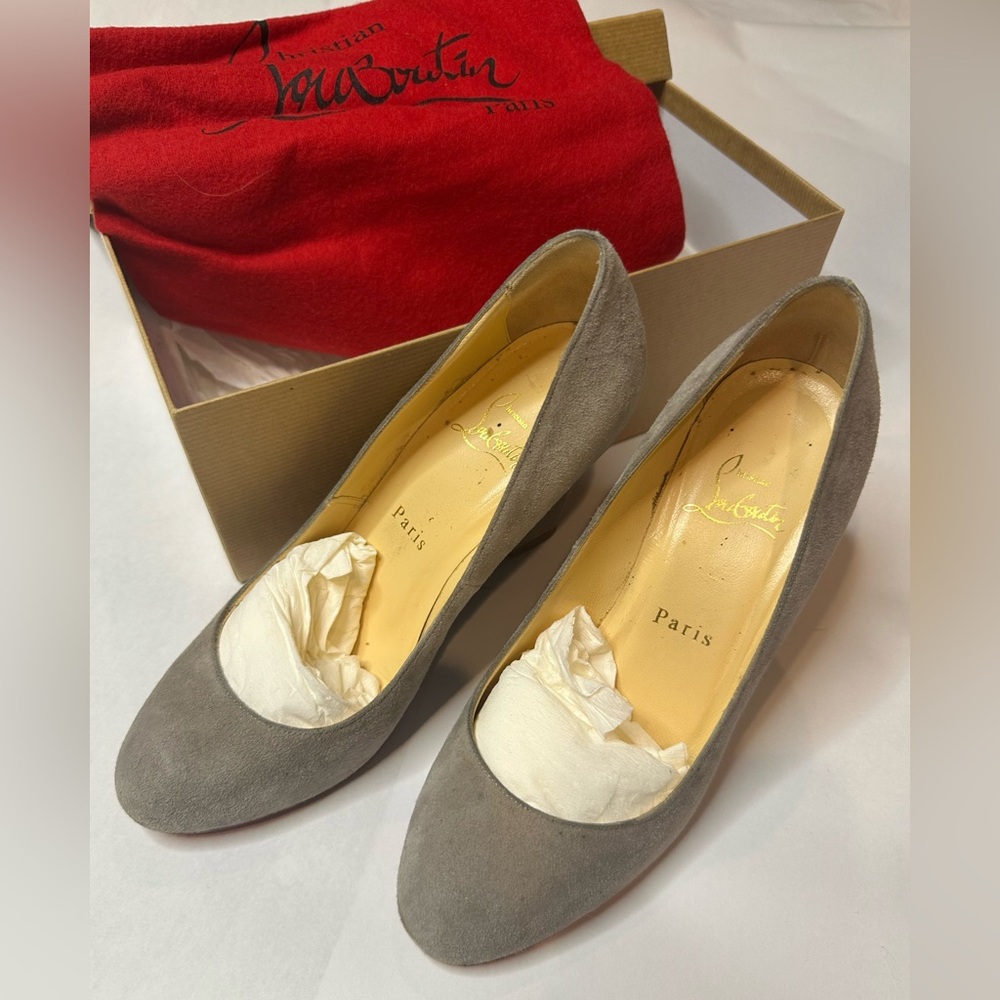 CHRISTIAN LOUBOUTIN PARIS "RON ZEPPA" ELEPHANT GREY SUEDE WEDGE SHOES 37.5 / 7.5